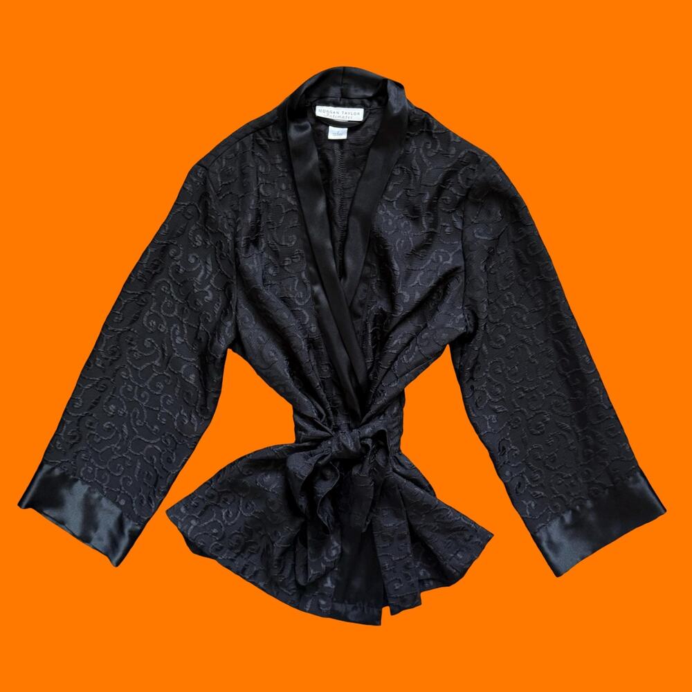 00's vintage black brocade satin y2k kimono robe bed jacket SMALL morgan taylor